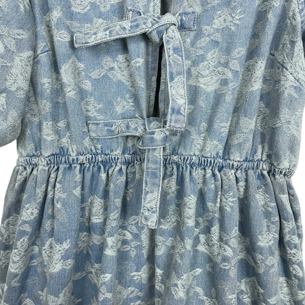 Miou Muse Denim + Roses Bow Front A-Line Mini Dress Puff Sleeves Blue Size S - Picture 7 of 13